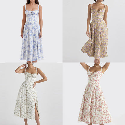 European and American clothing Amazon French style skirt temperament elegant floral slit fashion vacation slip dress