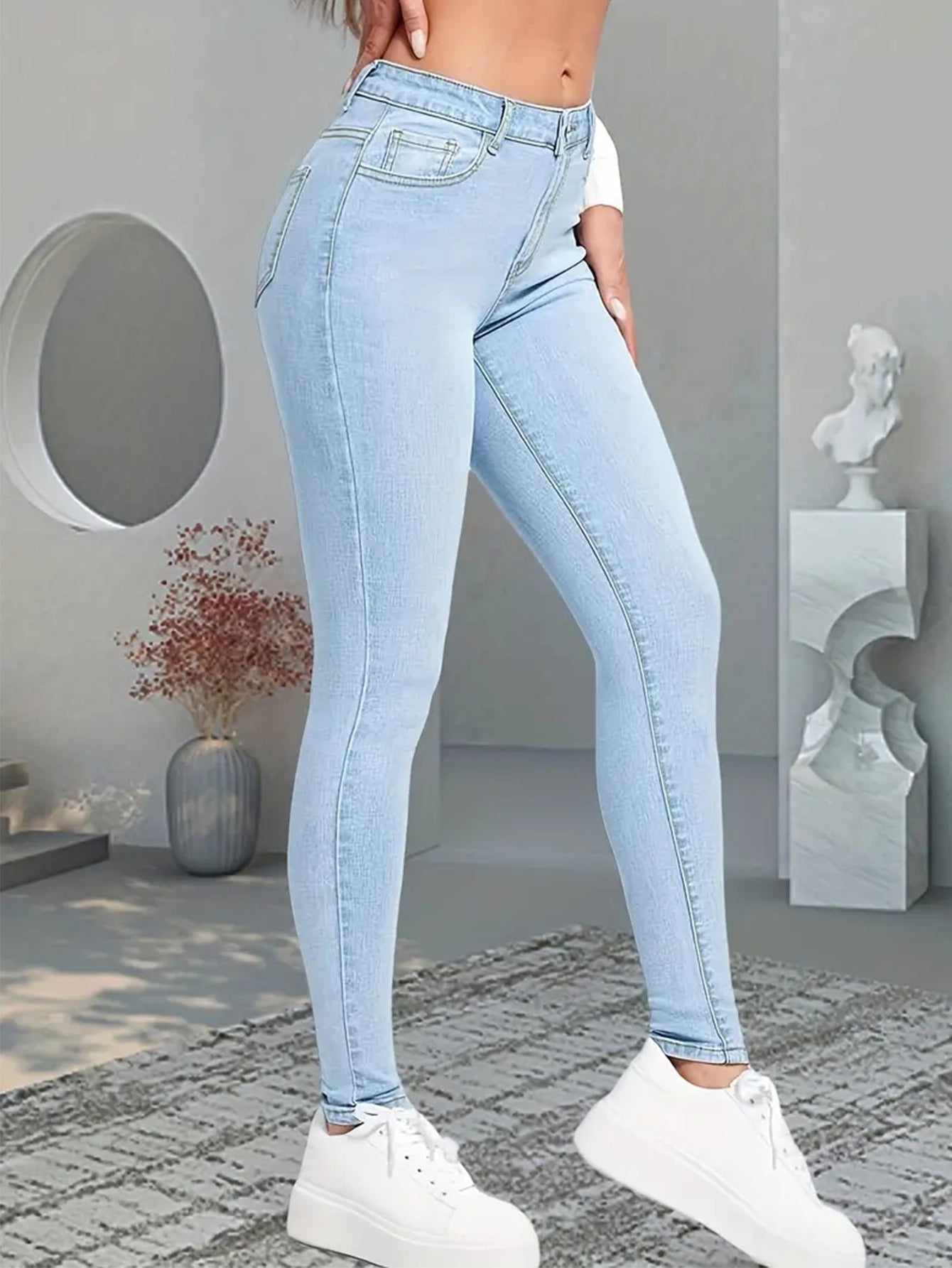 Women's jeans fashionable and versatile, stretch pants, simple slim slim light blue denim trousers, JEANS