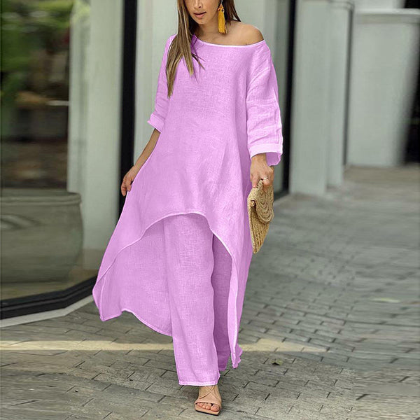 2026 New European Beauty Fashion Casual Solid Color Loose Irregular Long Sleeve Suit Wide-leg Pants Two-Piece Set 661