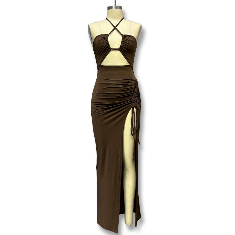Cross-border European and American ins style summer new dress sexy backless bandeau halterneck high slit slim dress