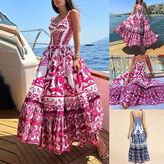 Vestido de verão estampado com decote quadrado, plissado, corte largo e justo, estilo europeu e americano, disponível na Amazon para mulheres que transitam entre as fronteiras europeia e americana.