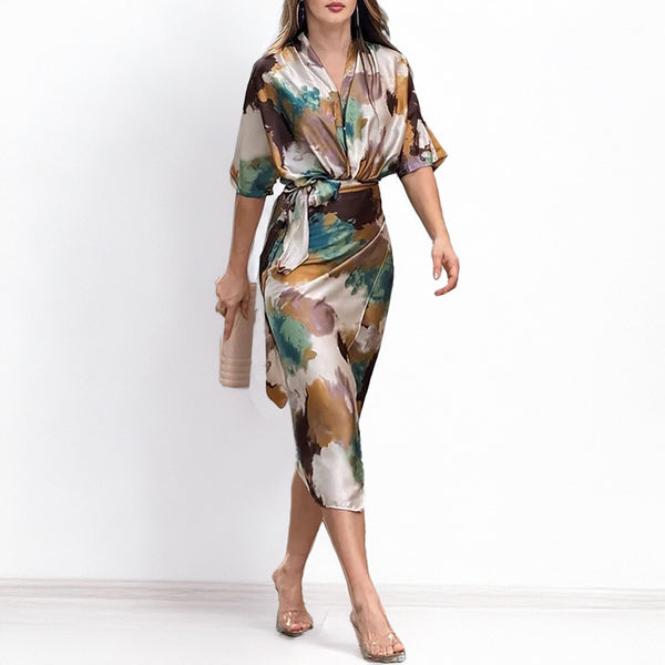 2025 Spring and Autumn Dresses, European and American Women's New Products, Elegant Prints, V-Neck Tie Waist Slim Dress