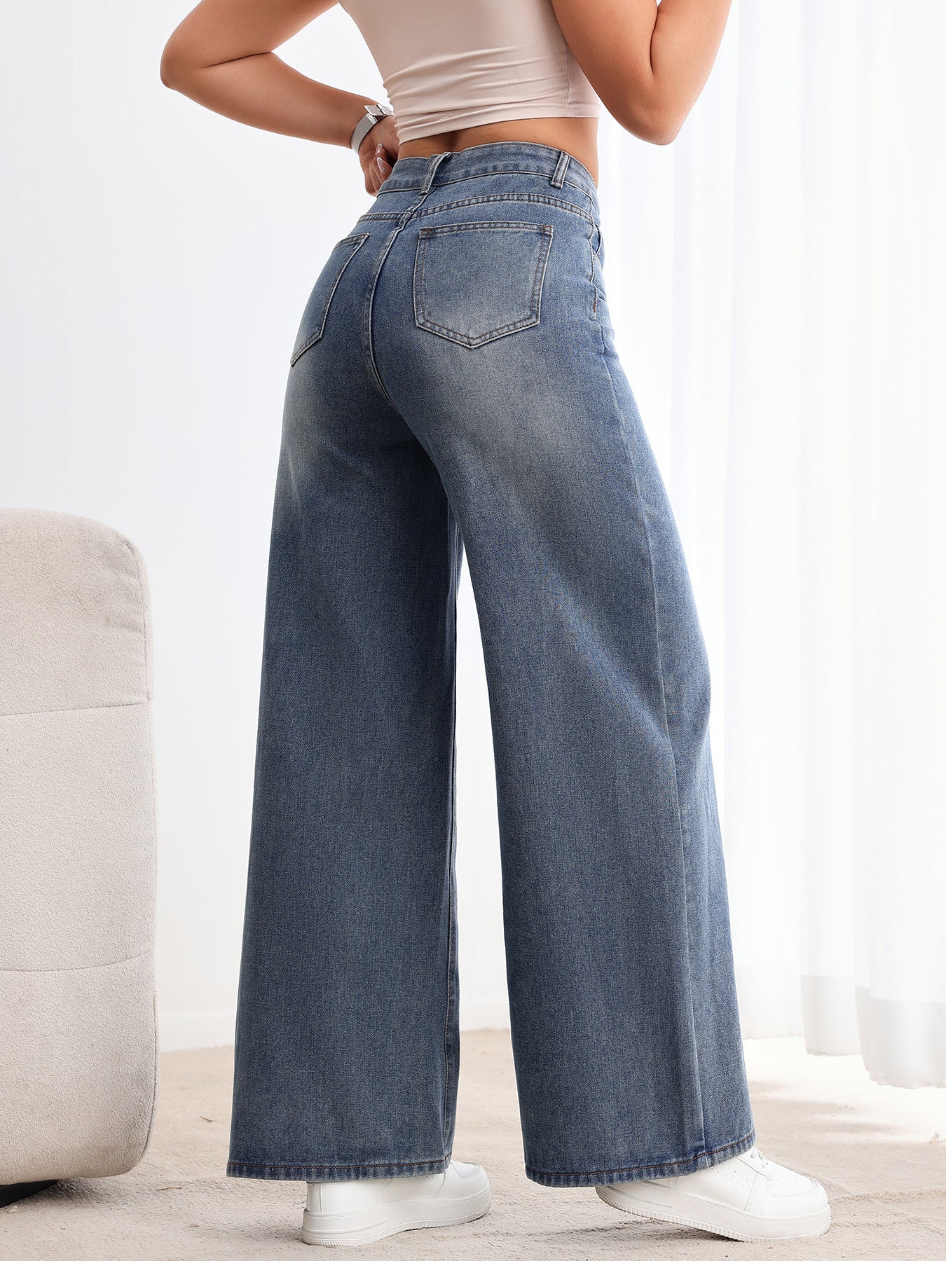 TEMU American Vintage Wide-Leg Jeans Women's Washed Drawstring High Waist Loose Drape Straight Jeans JEANS