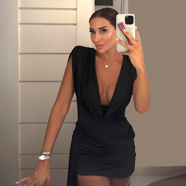 Foreign trade wholesale European and American style women's fashion solid color sexy swing collar sleeveless open back streamer slim hip wrap dress