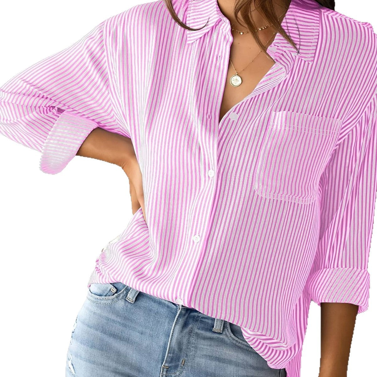 European and American Fall 2023 Amazon Striped Cardigan Top Loose Long Sleeve Shirt Women's Striped Long Sleeve Shirt