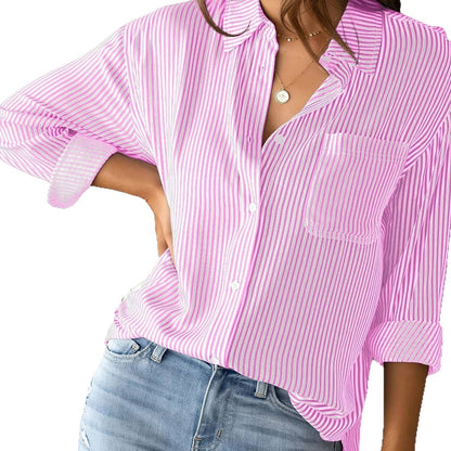 European and American Fall 2023 Amazon Striped Cardigan Top Loose Long Sleeve Shirt Women's Striped Long Sleeve Shirt