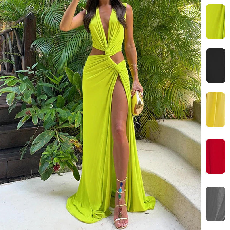 Spring 2026 New Amazon European and American Fashion Sexy Cutout Knot Slit V-Neck Pleated Irregular Dress