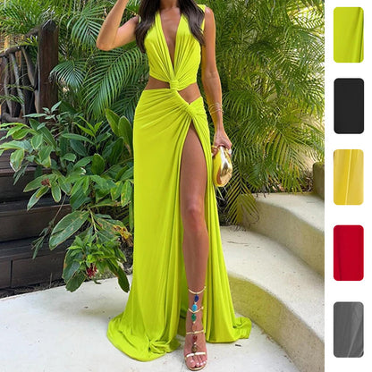 Spring 2026 New Amazon European and American Fashion Sexy Cutout Knot Slit V-Neck Pleated Irregular Dress