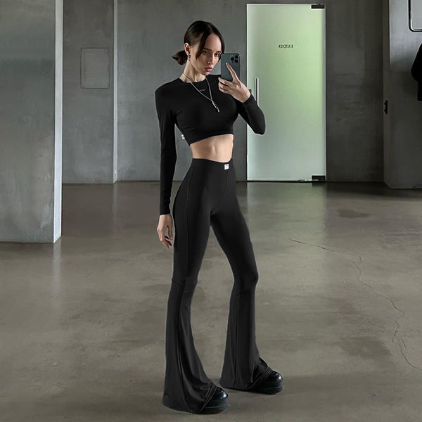Cross-border European and beautiful clothing autumn and winter new temperament, solid color long-sleeved crop top, high-waisted loose bootcut pants, two-piece set