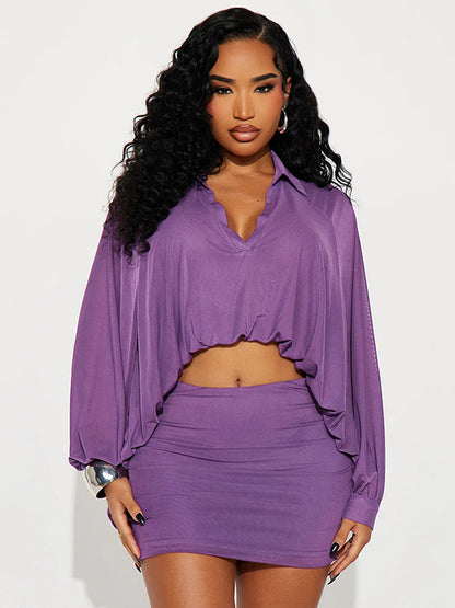 Foreign trade autumn and winter new European and beautiful clothing fashion solid color puff sleeve long sleeve top slim fit hip wrap shirt skirt set