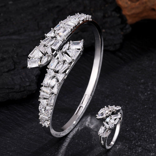 RAKOL Open Copper Zircon Semi-Setting Bracelet Diamond-Encrusted Simple Versatile Elegant Bracelet Women's Bracelet Ring Set