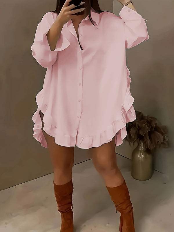 New cross-border foreign trade European size women's solid color loose ruffle hem loose shirt