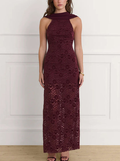 Foreign trade European and American autumn new women's fashion French temperament scarf collar sexy backless lace spliced hip wrap dress