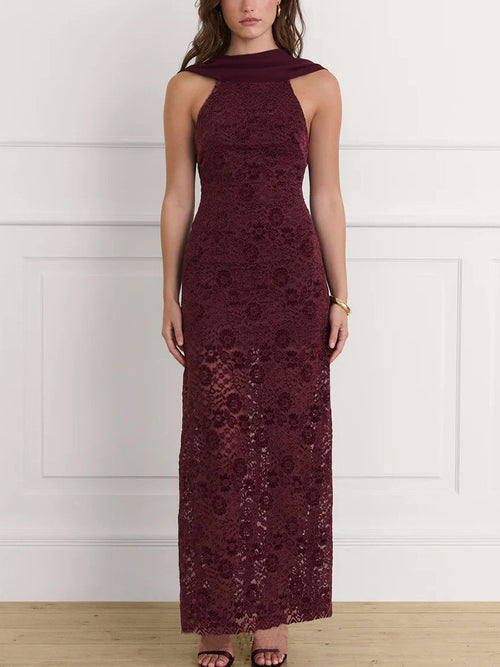 Foreign trade European and American autumn new women's fashion French temperament scarf collar sexy backless lace spliced hip wrap dress