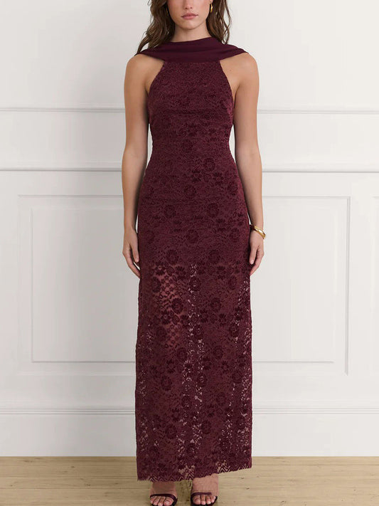 Comércio externo europeu e americano, moda feminina de outono, temperamento francês, lenço na gola, sexy, costas nuas, renda, vestido envelope na anca