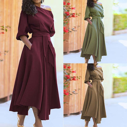 2026 AliExpress Amazon European and American clothing slanted shoulder collar strap waist temperament solid color large swing spring dress