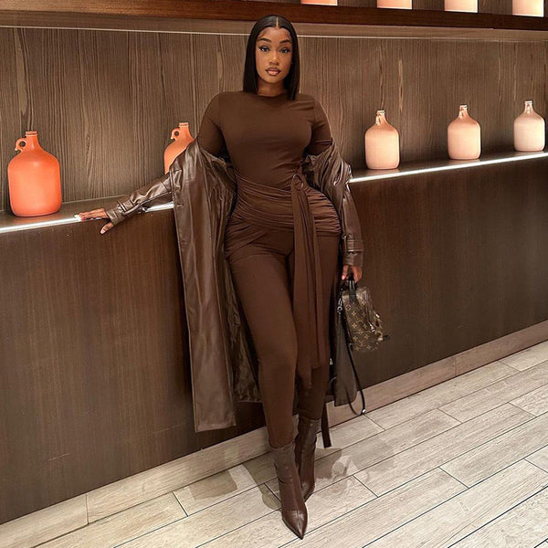 2025 new cross-border European and American style splicing with metal buckle long-sleeved jumpsuit fashionable casual tights | Ciaura