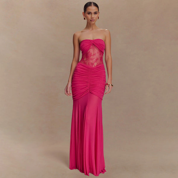 Cross-border 2025 new European and American clothing mesh spliced bandeau skirt temperament one-shoulder pleated see-through dress | Ciaura