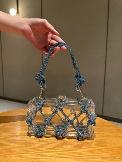 Saco de caixa de acrílico transparente brilhante e inflexível transfronteiriço Jantar tecido à mão saco das axilas de moda de alta qualidade