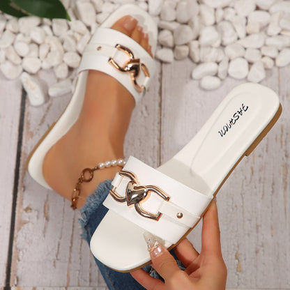 Valentine's Day women's new fashion slippers classic temperament versatile solid metal embellished square toe flat sandals