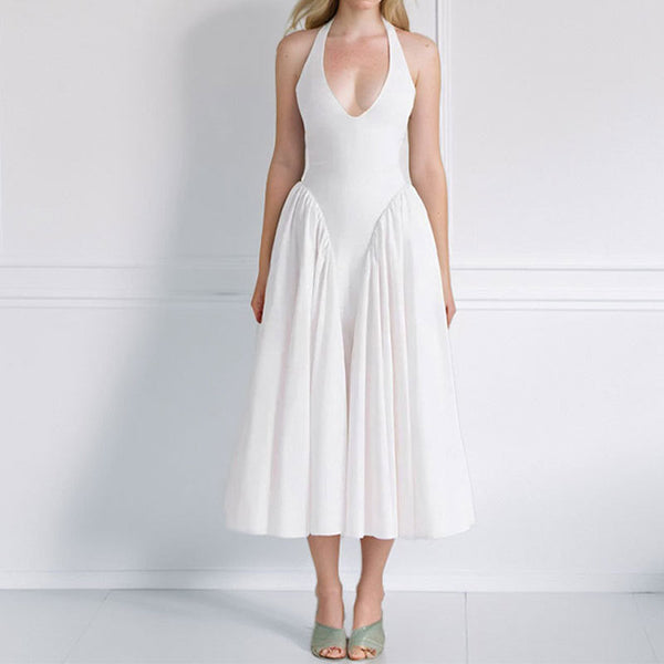 2025 Spring Amazon European and American Women's New Sexy Fashion Halterneck Solid Color Sleeveless Waist Hem Dress