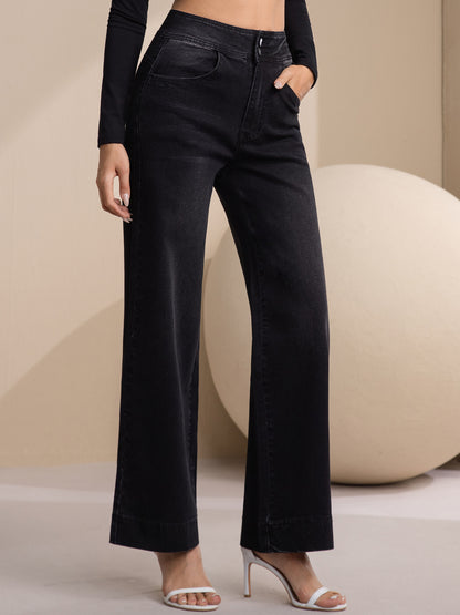 European and American cross-border export women's jeans with double buckle high waist, solid color, simple and fashionable slim straight-leg denim pants for women