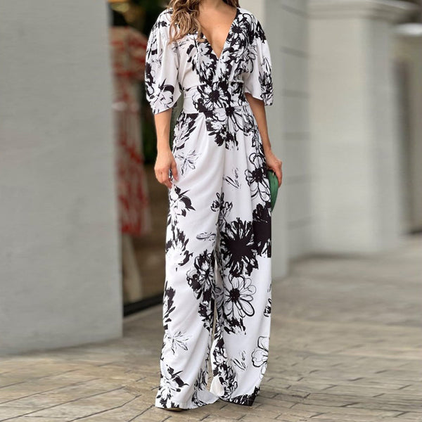 2026 New European Women's Clothing ins Fashion Elegant Printed Bat Sleeve Waist V-Neck Women's Jumpsuit Women 661 | Ciaura