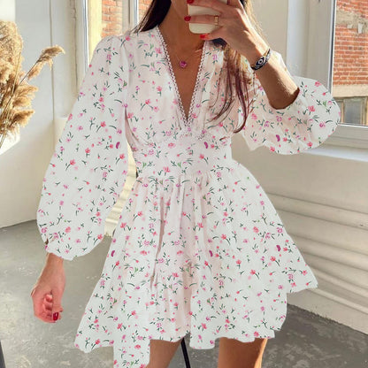 2026 spring new cross-border European and beautiful women's clothing temperament sweet printed V-neck lace waist short dress
