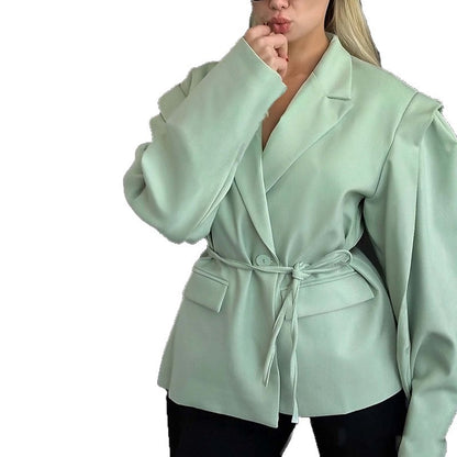 2026 spring new cross-border European and American fashion casual versatile solid color suit collar slim fit lace-up small blazer