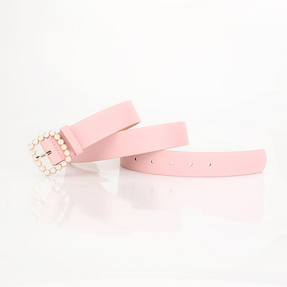 The square-shaped buckle pearl belt is fashionable and versatile, and the sweet and cute women's belt is fashionable and elegant, and the outfit is matched