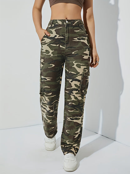 Spring and Autumn new camouflage workwear high-waisted temperament straight denim trousers women's slacks are versatile