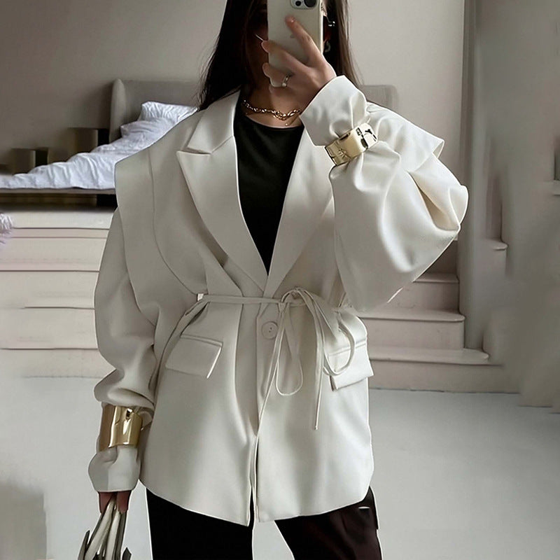 2026 spring new cross-border European and American fashion casual versatile solid color suit collar slim fit lace-up small blazer