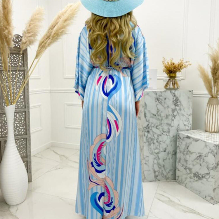 2026 foreign trade European and American wish spring new cross-border resort style V-neck slim print printed and dyed long dress