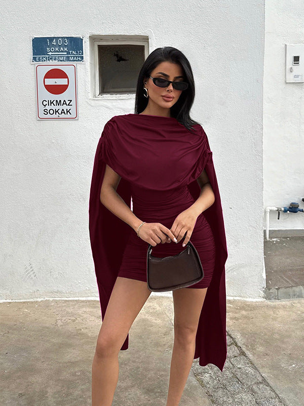 Vestido envelope de outono/inverno, novo modelo europeu e elegante, de cor sólida, com decote redondo, sem mangas, detalhe de xaile e pregas na cintura e nas ancas.