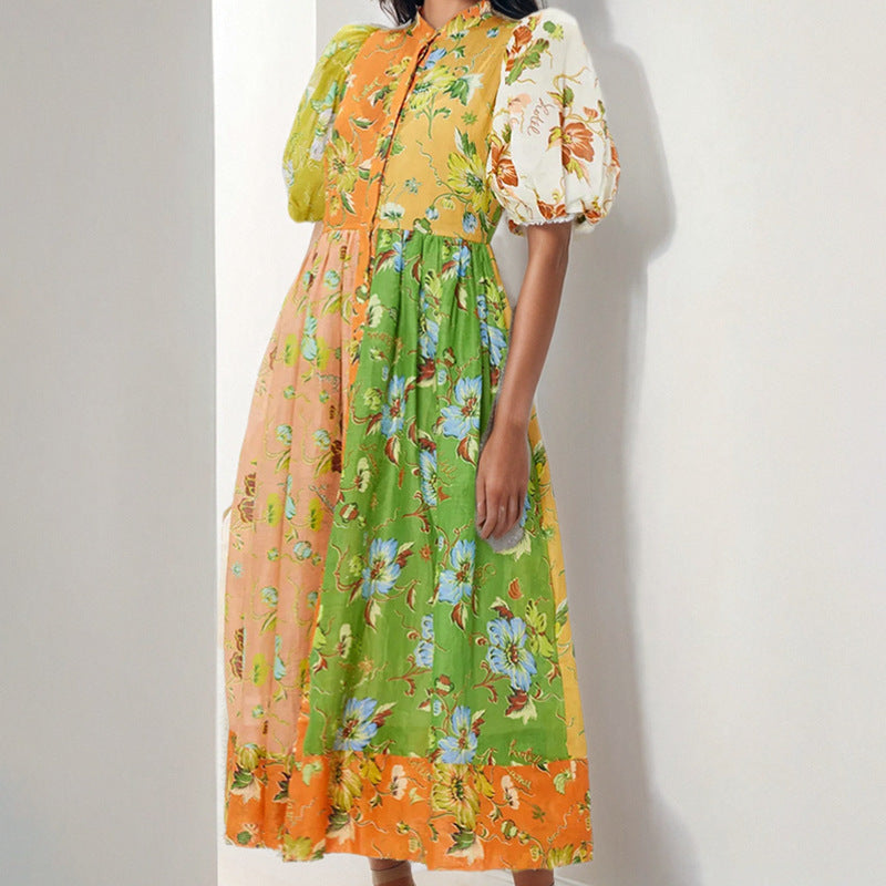 AliExpress independent station 2025 summer new cross-border European and American elegant commuter print contrast splicing dress women