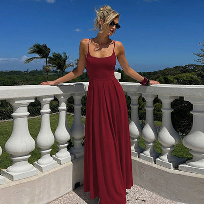2025 cross-border new European and American style women's fashion solid color U-neck pleated waist long sexy camisole dress