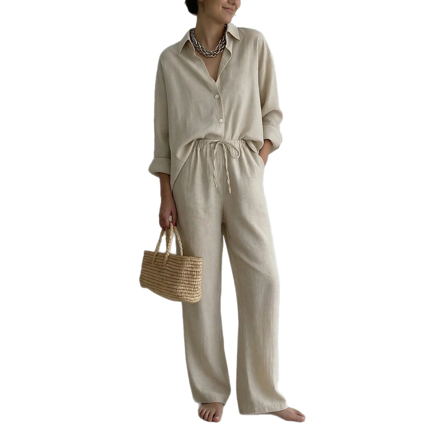 Amazon's spring 2025 European and American cross-border new temperament loose wide-leg pants shirt fashion casual suit 661