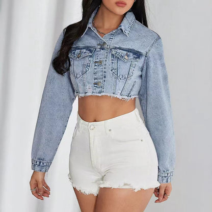 Cross-border, denim elastic cropped top, classic style light blue denim denim cotton pants pattern regular