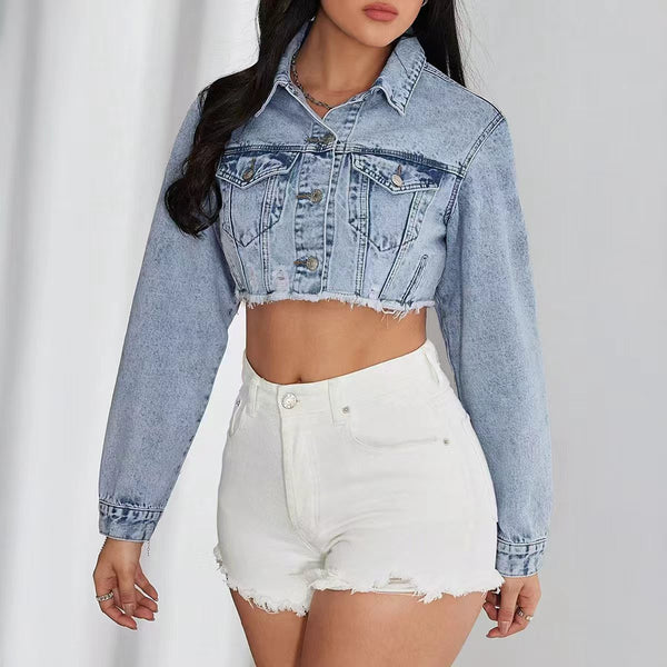 Cross-border, denim elastic cropped top, classic style light blue denim denim cotton pants pattern regular