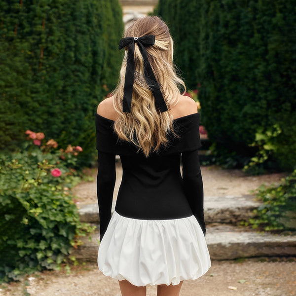Cross-border European and American women's autumn and winter new black and white stitching sexy one-shoulder, long-sleeved slim short bubble dress - view 2 | Ciaura