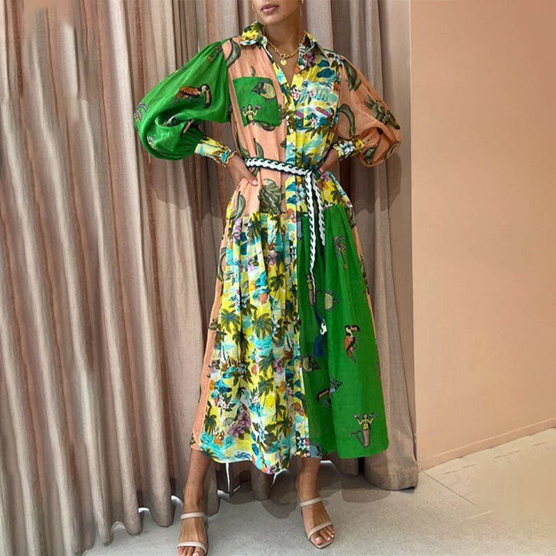 Cross-border Amazon 2026 AliExpress European and American clothing vintage printed lantern sleeves waist swing European and American dresses