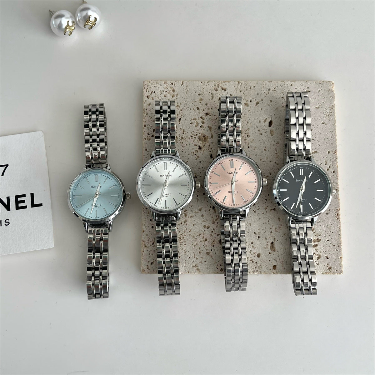 BARSH internet celebrity ice transparent blue fashion round disc steel strap watch for female students, simple and sophisticated style, export bestseller