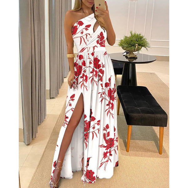 2026 spring new European and American clothing foreign trade slanted shoulder temperament dress sleeveless sexy high-waisted slit dress