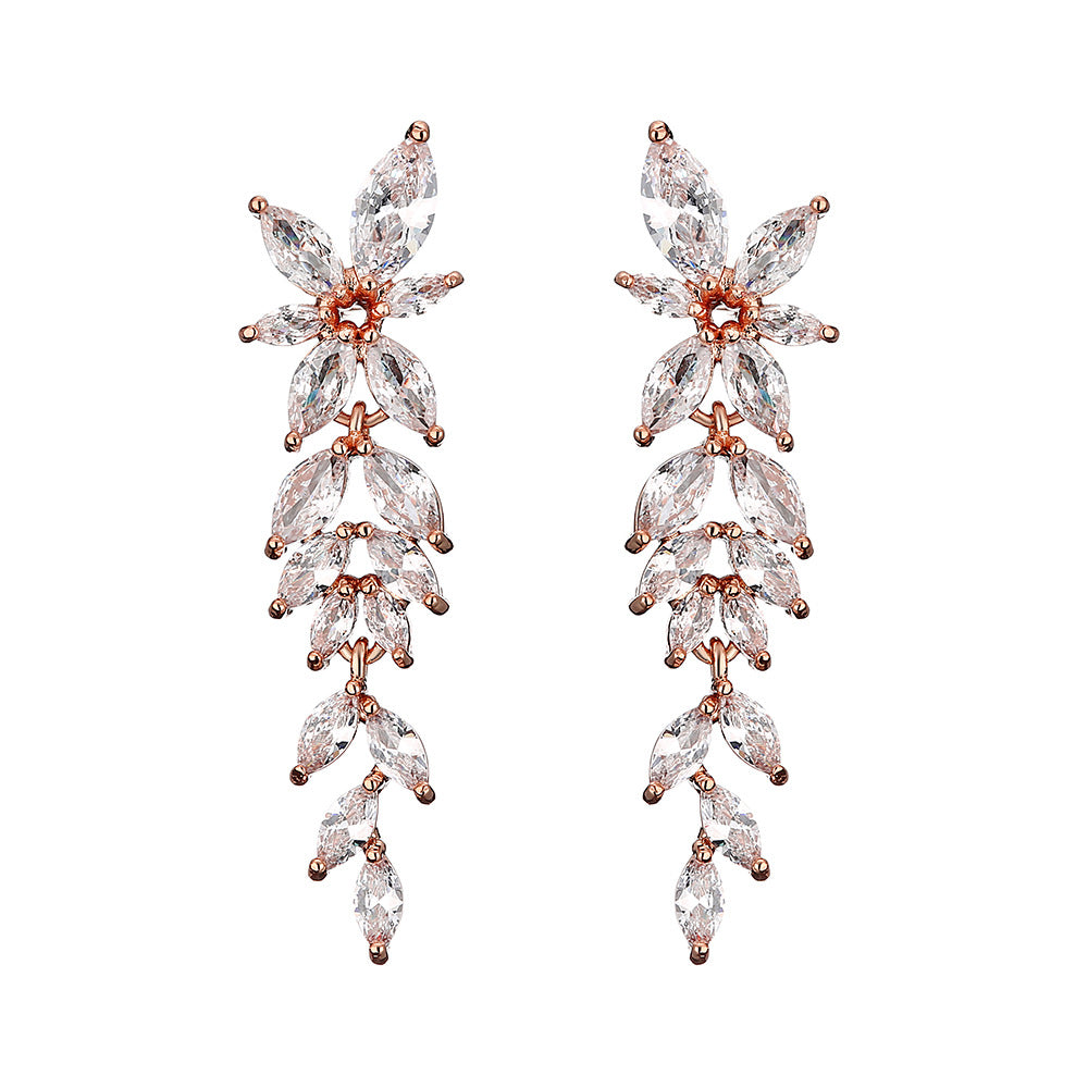 RAKOL European and American fashion trend full-set maressee zircon petal earrings with a super fairy-like elegance long tassel studs