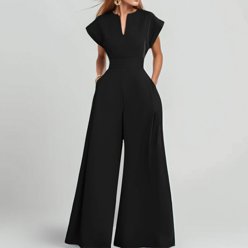 2026 spring new cross-border European and beautiful clothing temperament elegant solid color high-waisted V-neck wide-leg jumpsuit