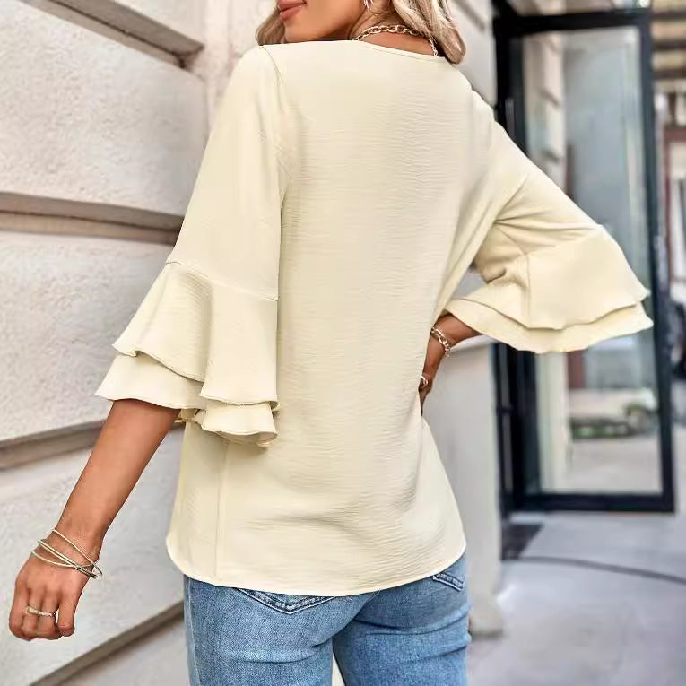 Cross-border Amazon 2023 European and American fashion new foreign trade loose V-neck ruffled sleeve casual top