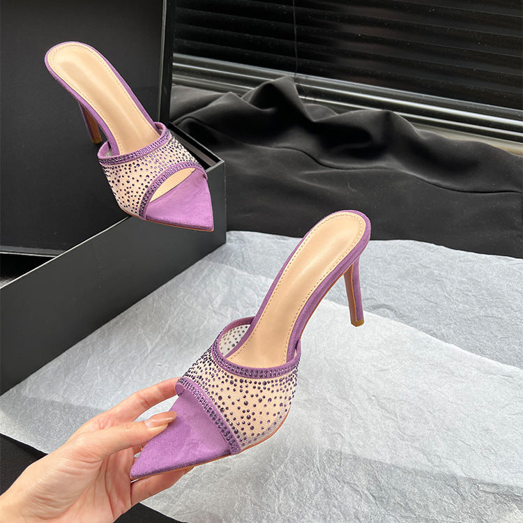 YX open-toe pointed mesh rhinestone sexy slippers women's 2026 summer wear temperament stiletto heeled sandals
