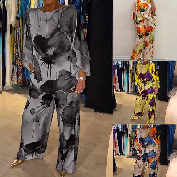 Independent station spring new European and American clothing temperament elegant printed bat sleeve wide-leg trousers fashion suit 661
