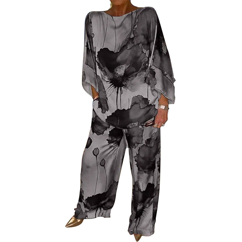 Independent station spring new European and American clothing temperament elegant printed bat sleeve wide-leg trousers fashion suit 661