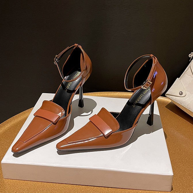 Poplar forest small square toe brown high heels women's stiletto heels 2026 new temperament side hollow single shoes women's shoes high heel sandals